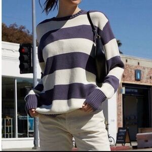 Brandy Melville Navy and White Striped oversized Crew Neck Sweater